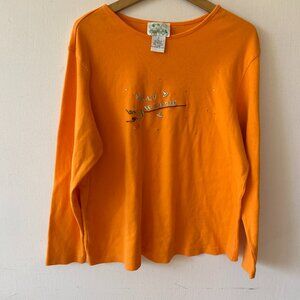 Quacker Factory Bad Witch Blouse Womens 1X Orange Embroidered Halloween Top
